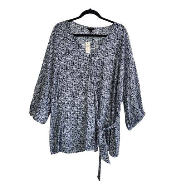 Talbots Side Tie Faux Wrap Top 3X Blue Scroll V-neck 3/4 Sleeve Slimming NEW - Picture 2 of 13